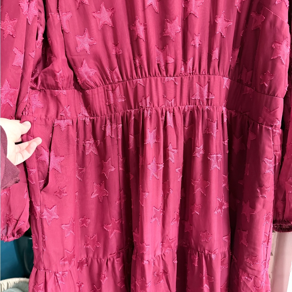 NWT Torrid Size 3X Red Purple Midi Clip Dot Star Dress Balloon Sleeves Tiered - Picture 5 of 12